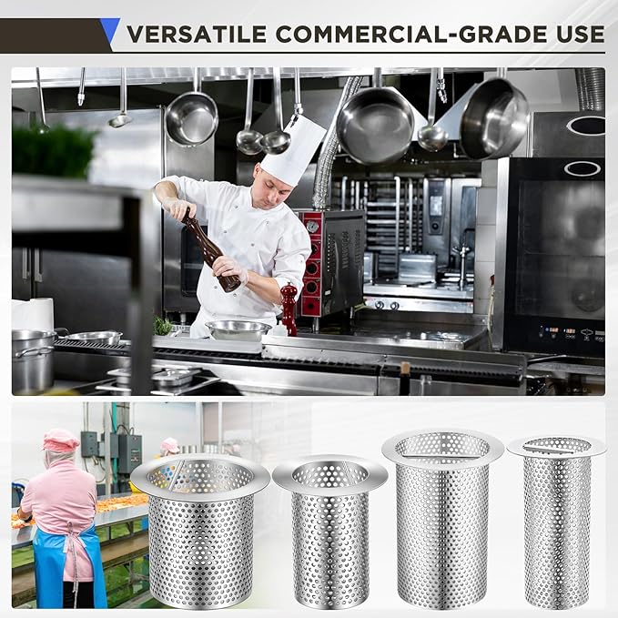4" Diameter Commercial Floor Drain Strainer 4" Tall Perforated Cylindrical Mesh 316 Stainless Steel Drain Basket with Carry Handle –Heavy-Duty, for Restaurants, Kitchens, Factories