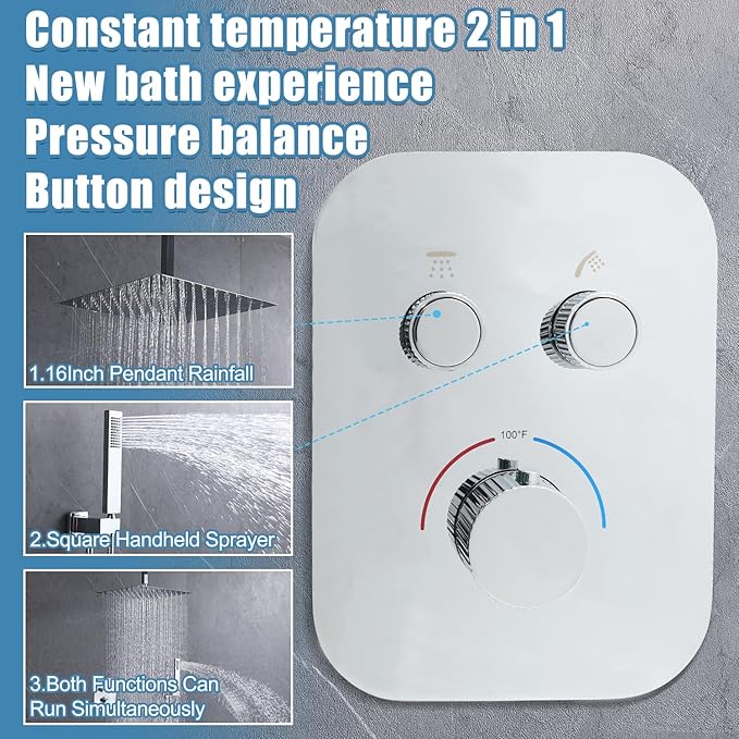 2 Way Brass Shower Diverter Valve Kit - Thermostatic Flow Control Valve, Simultaneous Operation, Adjustable Flow, Chrome Finish