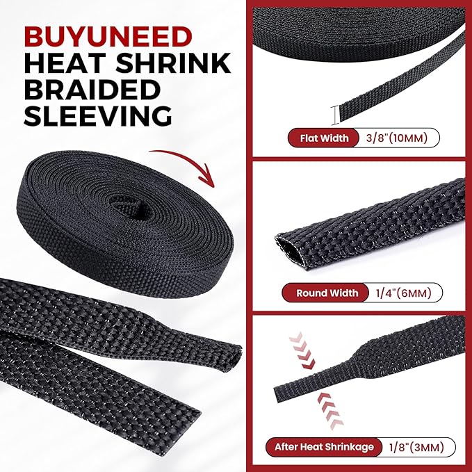 Heat Shrink Wire Loom 2:1 Shrinkable Braided Cable Sleeve 1/4 Inch ID-46ft Abrasion Protection Flexibility Fabric Wiring Harness Cover Sheath