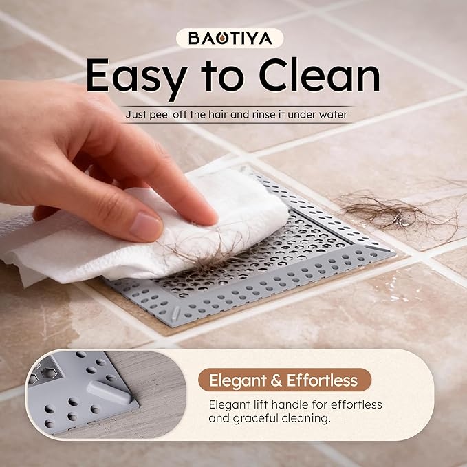 Not Moving Shower Drain Hair Catcher,Effective Hair Catcher Shower Drain,Square Flat Shower Drain Cover Protector Filter,Efficient Drainage,Hair Trap Stopper (Gray, 6 inch)