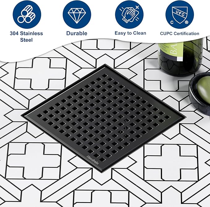 Neodrain 6 Inch Square Shower Drain with Removable Quadrato Pattern Grate, Matte Black 304 Stainless Steel Square Drain, with Watermark&CUPC Certified, Hair Strainer