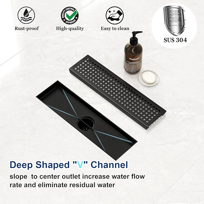 Neodrain 12-Inch Black Linear Shower Drain with Removable Quadrato Pattern Grate,Professional 304 Stainless Steel Rectangle Shower Floor Drains Manufacturer, Hair Strainer,Matte Black Linear Drain