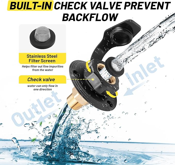 Oyviny RV City Water Inlet with Check Valve, Lead-free Brass RV Fresh Water Inlet 3/4 NH Female to 1/2 NPT Male Connection, Water Fill Inlet Flange Replacement for Camper Trailer Motorhome Marine
