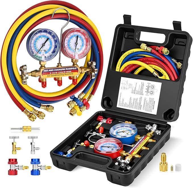 Upgraded New 42006 Test and Charge Manifold Set, with 3-1/8" (80 mm) Gauge, with 72" HVAC Hoses and Quick Coupler Adapters, 1/4" Standard Flared Fittings, Suitable for R-22/134A/404A, Toolbox