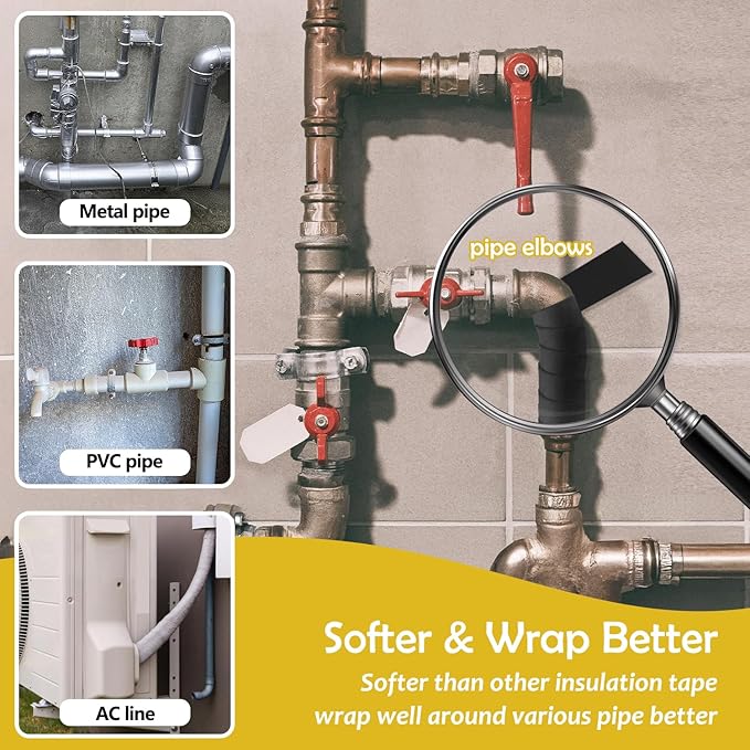 DEMEDO Pipe Insulation Tape, Pipe Wrap Insulation Foam Tape Self Adhesive, Outdoor Water Pipe Insulation Roll for HVAC, AC Line Insulation, 2 inch x 16.5 FT Heat Tape for Water Pipe, Black