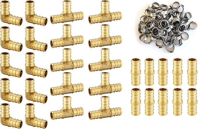 (Pack of 100) EFIELD 1/2" Pex Brass Fittings: 70 Pieces Pex Stainless Steel Clamps, Tee, Elbow and Coupling 10 Pieces each,(PEX1807191)