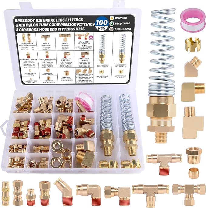 100 Pcs Brass DOT Air Brake Line Fittings & Air Nylon Tube Compression Fittings & Air Brake Hose End Fittings Assortment Kits,Air Hose Fittings 1/4" 1/8" 3/8" 1/2" NPT