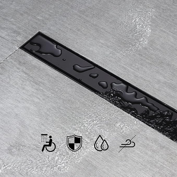 SaniteModar Linear Shower Drain, Black Shower Drain 18 inch with Flat and Tile Insert 2 in 1 Panel, 304 Stainless Steel Black Shower Linear Floor Drain with Hair Strainer and Leveling feet
