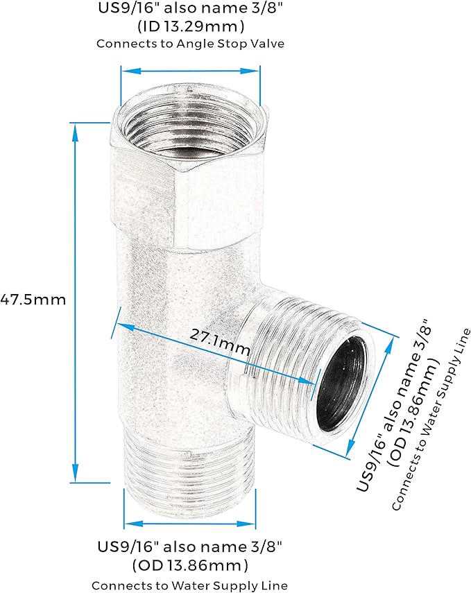Bass 3/8 Compression Tee Valve Adapter - 3 Way, 3/8'' Inlet/Outlet, Angle Stop Valve, Add-A-Tee Connector, 2 PCS