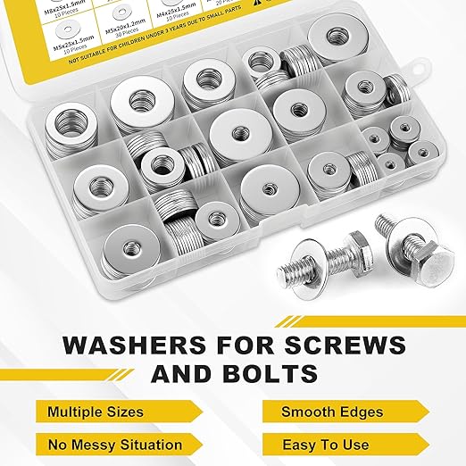 235Pcs Fender Washers, 304 Stainless Steel Flat Washers Assortment Kit, 15 Different Sizes M3 M4 M5 M6 M8 M10 M12 Metal Washers for Screws Bolts Hardware for Various Home Industrial Automotive