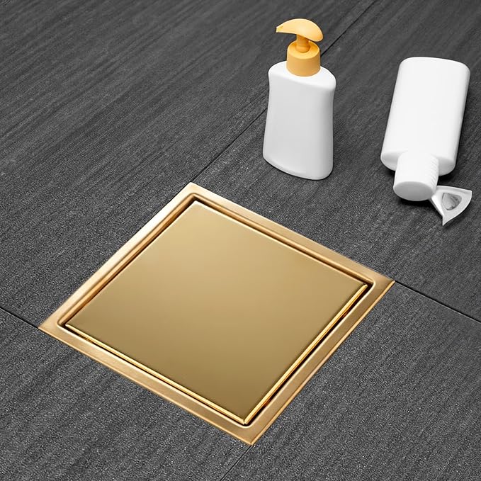 Square Shower Drain, Gold Shower Drain 6 inch with Flange and 2 in 1 Tile-Insert Cover, AISI 304 Stainless Steel Gold Shower Floor Drain with Hair Catcher and Flange