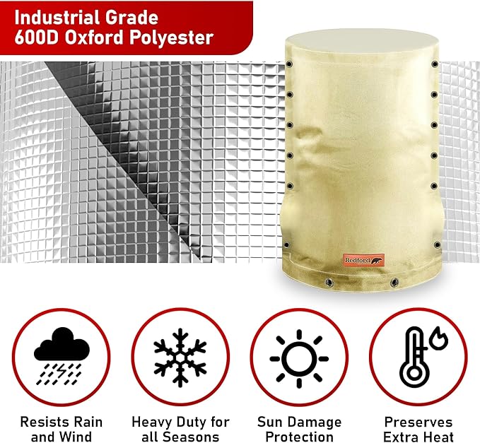 Redford Supply Co. Cold Snap (5°F) Round Pressure Tank Cover Insulation, 3-Way Round, 8"Diameter x 12"H, Water Well Tank Covers Insulated, Well Pump Cover Insulated Freeze Proof for Winter (Beige)