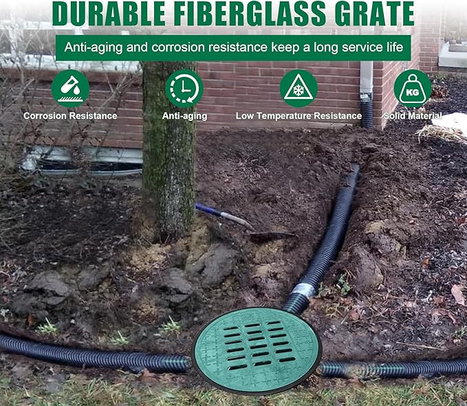 Catch Basin for Drainage with Fiber Glass Grate-25x25x24 in. Round Drainage Basin with Debris Basket,A15 French Drain Basin Without Reserved Hole for Yard,Downspout,Lawn,Municipal Pipeline