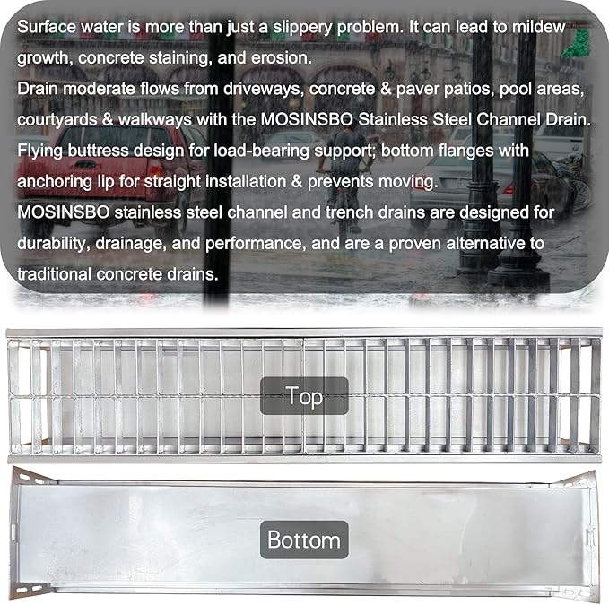304 Stainless Steel Channel Drain with Galvanized Steel Grate 39.4x9x6 in, B-Class 28100 lbs Heavy-Duty Drain Kit for 3" Pipe, Trench Drainage System for Outdoor, Driveway, Garage, Yard