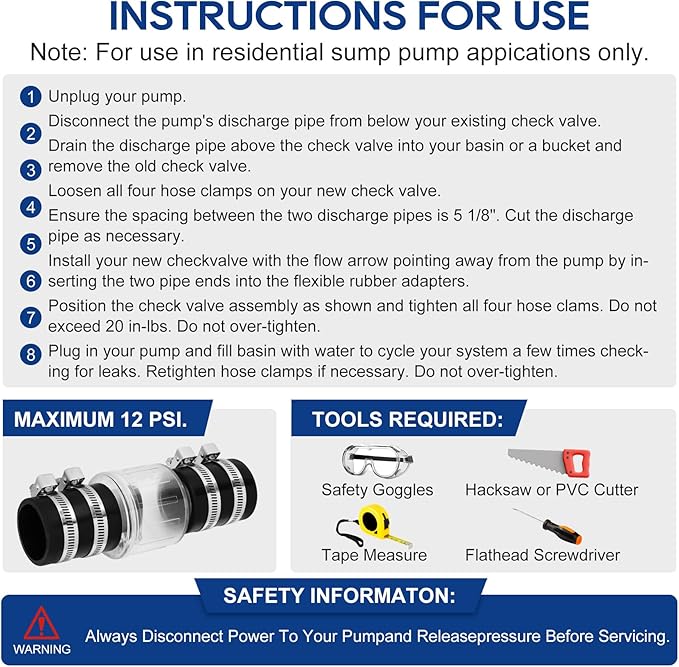Quiet PVC Check Valve 1-1/2 Inch Sump Pump Check Valve with Buna-N Couplings With Spring Loaded Flapper Fit 1-1/2″ Class 40 Pipe With Stainless Clamps