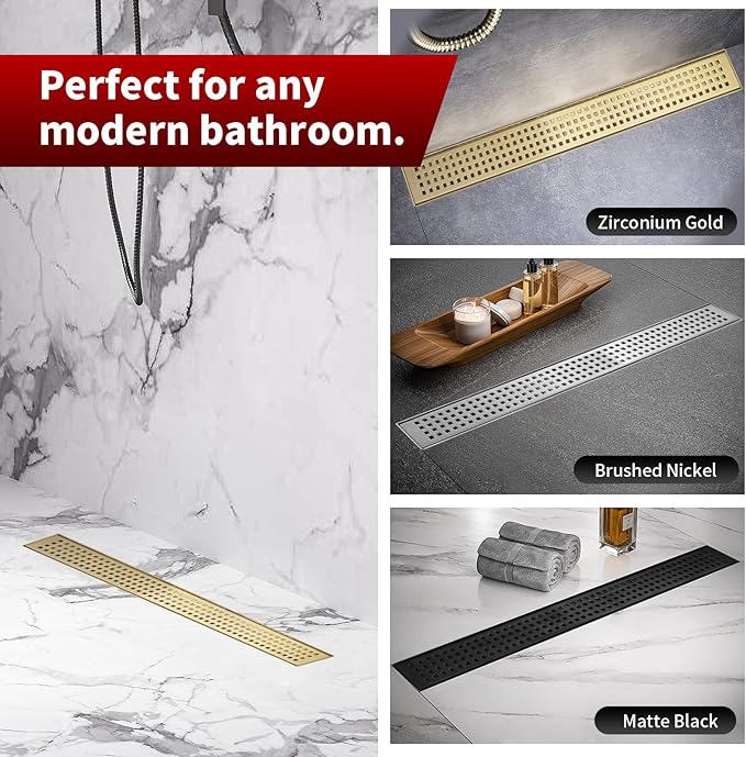 Sharp-tec 36 inch Linear Shower Drain, Gold Rectangular Floor Drain, V-Shape Design Drain Channel, 304 Stainless Steel, cUPC Certificated for Bathroom Shower Room (Drain Base is Not Included)