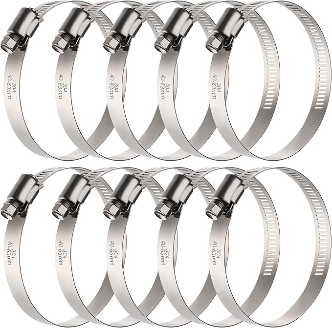 10PCS Hose Clamps Stainless Steel Adjustable 1-9/16"-2-1/2"(40-63mm) Worm Gear Hose Clamp, Heavy Duty Metal Small Hose Clamps for Automotive, Pipe, Radiator Plumbing, Fuel Line