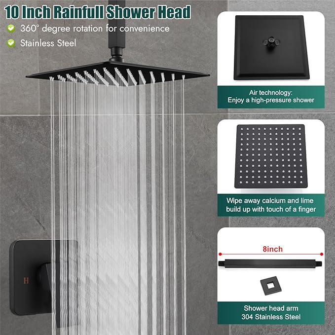 Heyalan Shower Faucet Set Square Stainless Steel Bathroom Rainfall Shower System One Handle Single Function Shower Trim Kit with Rough-in Valve Male Thread,Ceiling Mount,10 Inch,Matte Black