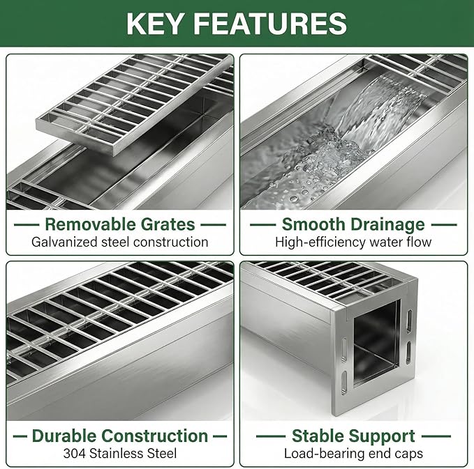 304 Stainless Steel Channel Drain, 39.4x6.1x5.9in Heavy-Duty Drain Kit, Trench Drainage System with Galvanized Steel Grate for Outdoor, Driveway, Garage, Yard
