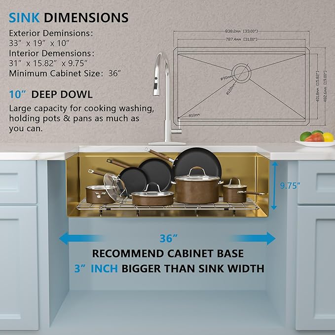 33 Undermount Kitchen Sink Gold - Fulorni 33"x19" Kitchen Sink Brushed Gold NANO-PVD Ledge Workstation 16 Gauge 304 Stainless Steel Under Counter Single Bowl Basin