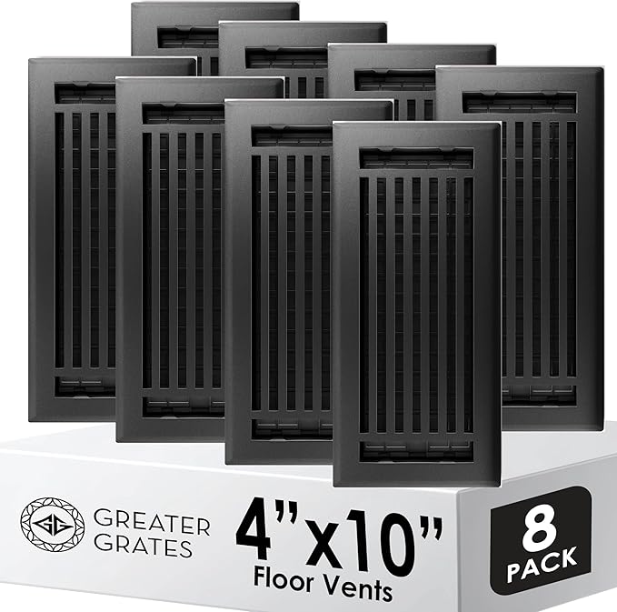 Floor Register 4x10 Vent Cover – 8 Pack – Heavy-Duty Steel, Rustproof & Walkable Grates, Drop-in Install, Adjustable Air Supply Switch - Decorative Straight Line Design, Textured Black