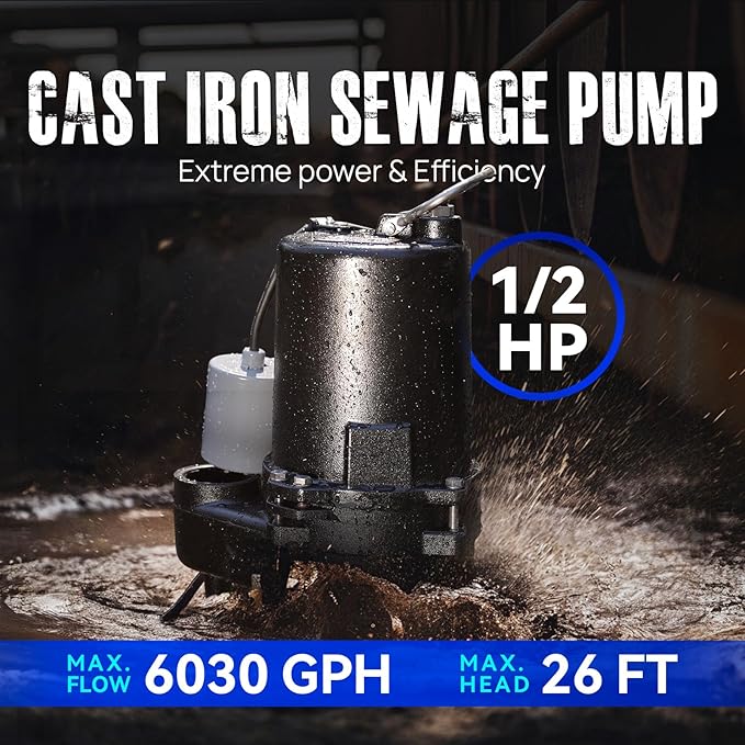 Aquastrong Cast Iron Sewage Pump 1/2HP Effluent Pump 115V 6030 GPH Sump Pump with Auto Float Switch, Ideal for Basement Sump Pits, Industrial Wastewater - Commercial-Grade Sewage System