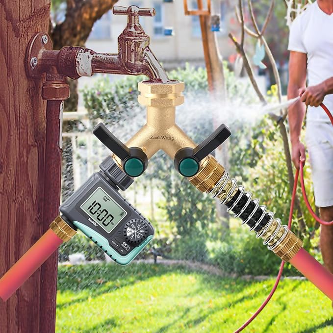 Heavy Duty Solid Brass Y-Way Distributor, 3/4" GHT Thickened Hexagonal Water Inlet, Garden Faucet Splitter, Hose Splitter with 2 More Colors Comfortable Extension Handles.