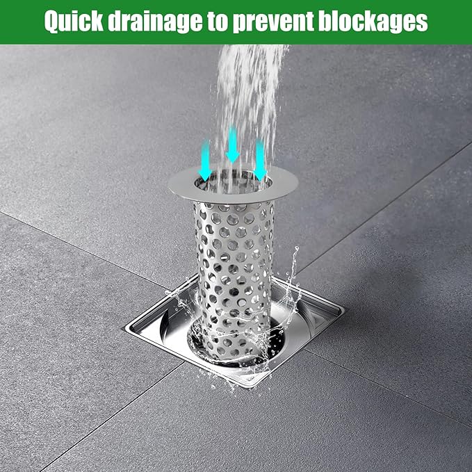 4'' Commercial Floor Drain Strainer, 4" Tall 304 Perforated Cylindrical Mesh Stainless Steel Drain Strainer for Factory/Kitchen/Hospital/Restaurant (Silver, 4" Tall x 4" Diameter)