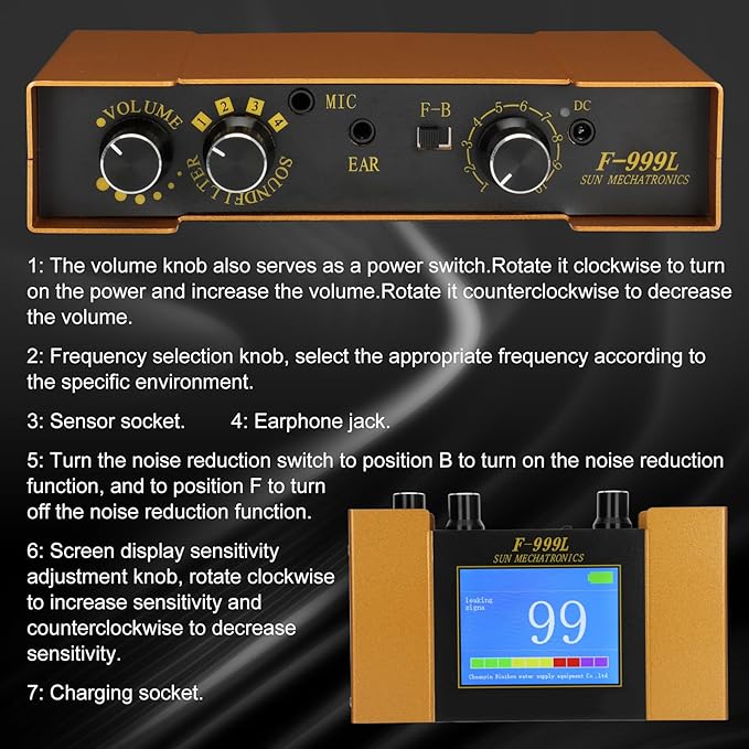 Underground Water Leak Detector, Water Pipe Leak Detector, Two Size Sensors Precise Positioning, High-Sensitivity Digital Display Leakage Sensor, Carrying Case