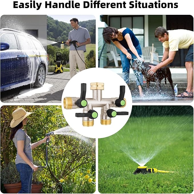 4 Way Hose Splitter, Brass High Flow Garden Hose Splitter Heavy Duty, Hose Connector, Water Spigot Splitter, Full Flow Faucet Splitter with shutoff, 3/4” GHT Inlet
