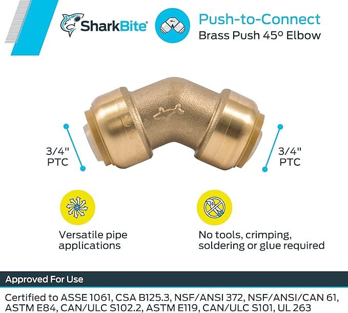 SharkBite 3/4 Inch 45 Degree Elbow, Push to Connect Brass Plumbing Fitting, PEX Pipe, Copper, CPVC, PE-RT, HDPE, U656LFA