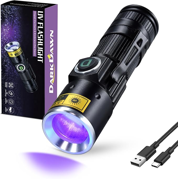DARKDAWN UV 395nm Light Flashlights USB Rechargeable Ultraviolet LED Blacklight Mini Wood’s Lamp Portable Blacklight for cat Urine Detection Dry Stains, Uranium Glass, Leak Detection, D15 395 nm