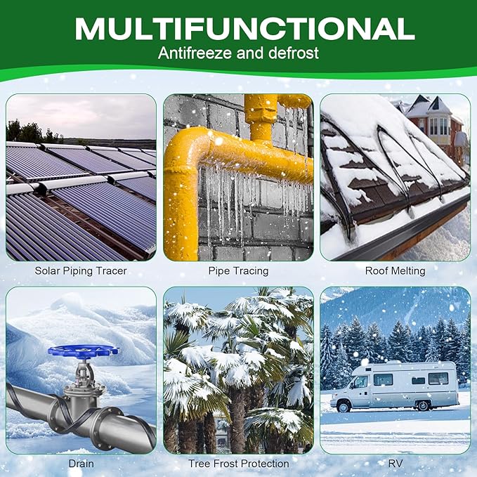 6FT Heat Tape for Water Pipes，-40°F Anti-Freeze De-Icing Heating Tape, Pipe Insulation Heating Cable for Insulation/Roof Snow Removal , Gutter Heating Cable, Heated Water Hose 120V 5W/f