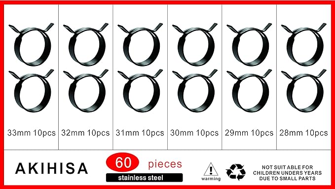 AKIHISA 60 Pcs 28-33mm Spring Hose Clamp, Spring steel 65Mn Fuel Hose Clamp, 6 sizes for Silicone Vacuum Fuel Oil Hose Line Clamps