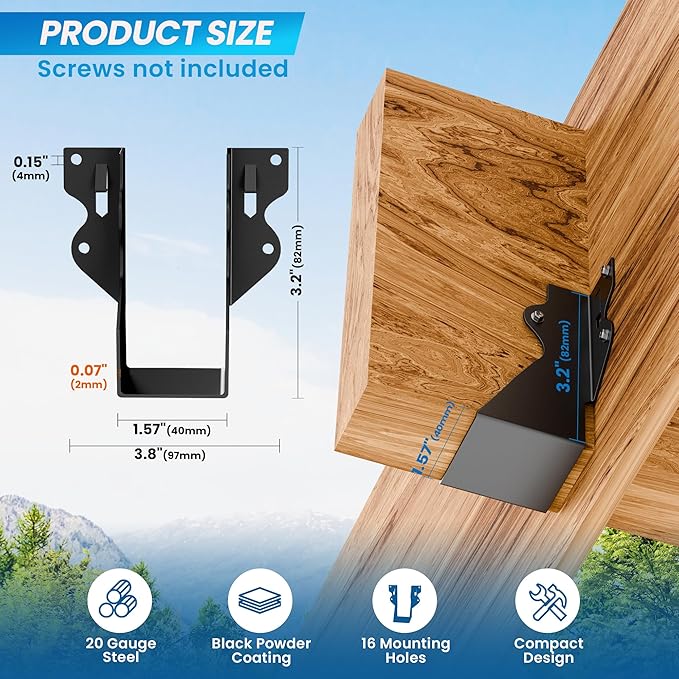 20 pcs 2x4 Joist Hangers Black Face Mount Joist Hangers , 2x4 Brackets Fits Truss Connectors,Rafter Hanger for Floor Deck and Ceiling Joists Q235B Steel Black Powder Coated