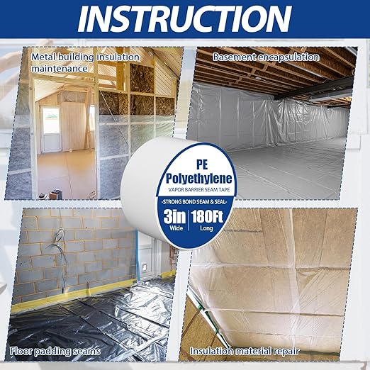 Treela 6 Rolls Vapor Barrier Tape 3" x 180' 9 Mil White Polyethylene Tape, Moisture Barrier Seal Seam for Crawl Spaces Underlayment Insulation Plastic Liners More