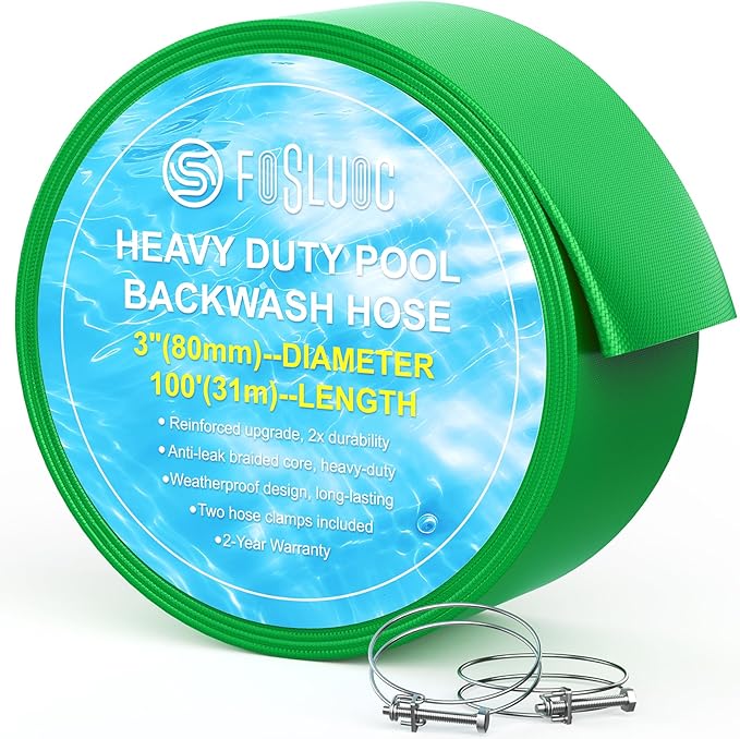 Pool Backwash Hose 3" x 100', Heavy-Duty PE Backwash Hose for Pool Filter – Includes 2 Clamps, Weatherproof & Burst Resistant for Water Transfer, Sump Pump, Pool Drain, Sand Filter (Green)