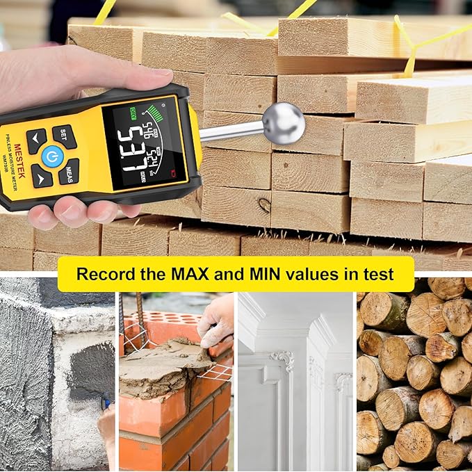 MESTEK Wood Moisture Meter for Non-Destructive Moisture Detection in Drywall, Wood, and Masonry, Moisture Tester with Backlit Color LCD Display & Alarm Function, Detects up to 20-40mm Below Surface