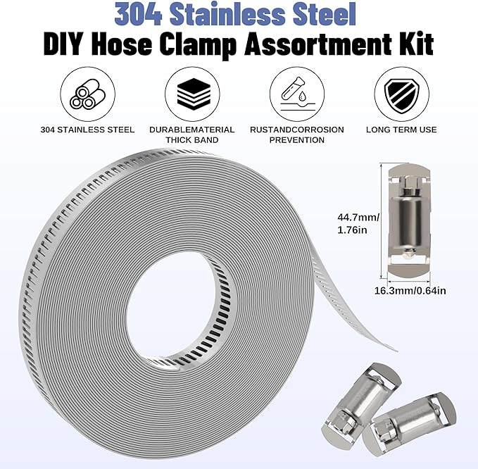 Hose Clamps Assortment Kit,Worm Gear Duct Pipe Hose, 32.8FT 304 Stainless Steel Band Fittings Strap DIY Large Adjustable Metal Bolt with 20 Fasteners Screw for Plumbing Auto Tube Fuel Line