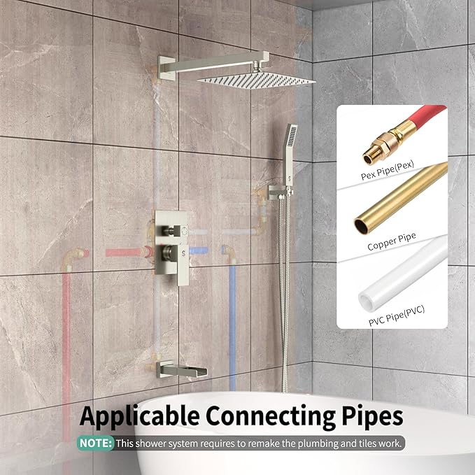 SR SUN RISE 10 Inches All Metal Bathtub Faucet Set Shower System with Tub Spout Square Rain Shower Head and Handheld Combo Shower Fixtures, Modern Valve and Trim Kit, Brushed Nickel