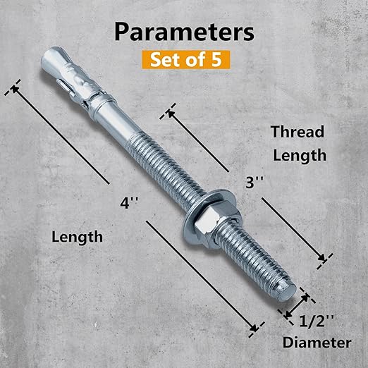 Party Animals 1/2 x 4 Inch Wedge Anchor, 5 PCs Zinc-Plated Industrial Anchor Bolts for Cement, Concrete
