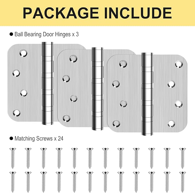 3 Pack 4" Heavy Duty Door Hinges with 5/8'' Radius Corner, 4in x 4in Stainless Steel Door Hinges for Exterior & Interior Doors, Smooth and Quiet (Silver)