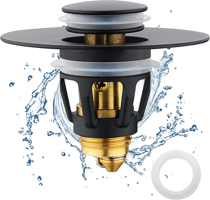 Black Bathroom Sink Drain Stopper, Sink Stopper Fits for 1.25" Drain Hole with 3 Rubber Rings, Anti Clogging Pop up Drain Filter Plug, Wash Basin Strainer with Basket, Matte Black