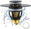 Black Bathroom Sink Drain Stopper, Sink Stopper Fits for 1.25" Drain Hole with 3 Rubber Rings, Anti Clogging Pop up Drain Filter Plug, Wash Basin Strainer with Basket, Matte Black