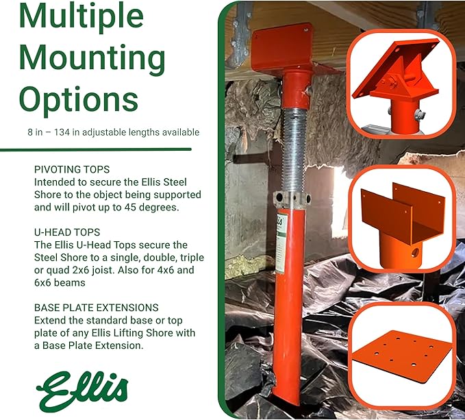 Ellis Manufacturing Light-Duty Steel Lifting Shore – Adjustable Basement Jack for Floor Leveling, Structural Support, Concrete, and Beams – 8,000 lb Safe Load Capacity – 62"-86" Adjustment