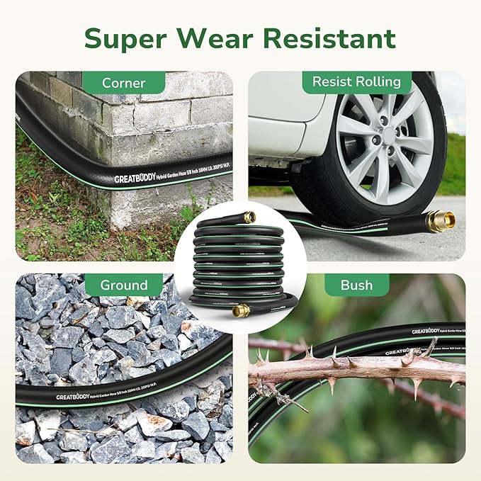 GreatBuddy Garden Hose 100ft, 5/8" Water Hose Heavy Duty, Flexible, Lightweight Hybrid Hose, Burst 600 PSI with Solid Brass Male to Female Fittings Leakproof Hose for Backyard, Garden