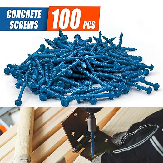100Pcs 3/16" x2-1/4 Concrete Screws with Drill Bit, Hex Head Concrete Cement Screws Anchor Assortment Kit for Masonry, Block Brick or Stucco
