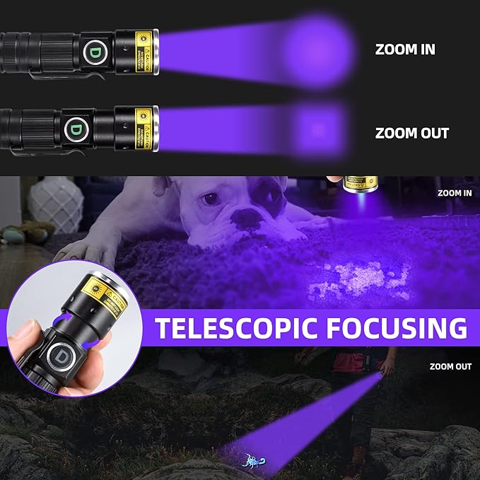 DARKDAWN UV 395nm Light Flashlights USB Rechargeable Ultraviolet LED Blacklight Mini Wood’s Lamp Portable Blacklight for cat Urine Detection Dry Stains, Uranium Glass, Leak Detection, D15 395 nm