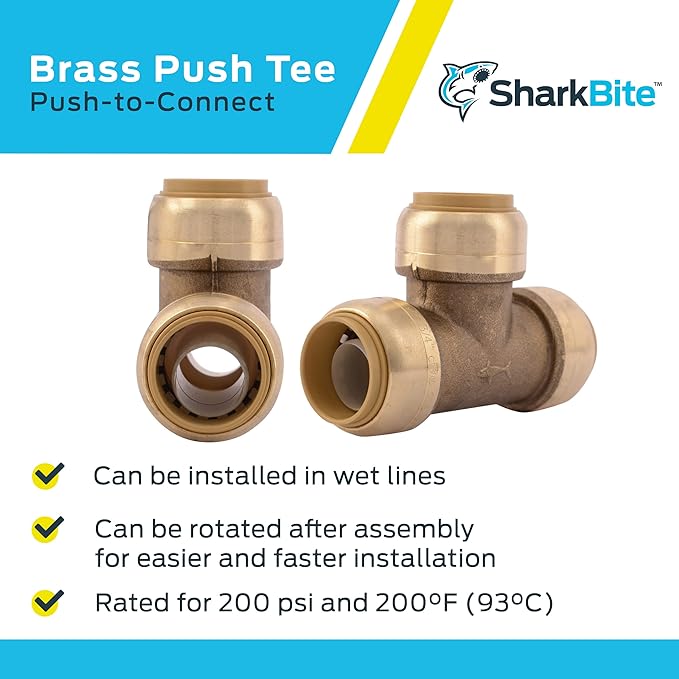 SharkBite 3/4 Inch Tee, Push to Connect Brass Plumbing Fitting, PEX Pipe, Copper, CPVC, PE-RT, HDPE, U370LFA