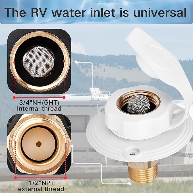 RV City Water Inlet with Check Valve – 3/4″ NH to 1/2″ NPT Brass, White Dust Cap